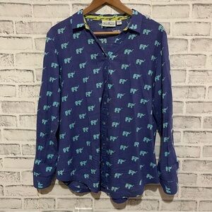 Women’s Patchington 100% cotton blue elephant print button down collar shirt, M